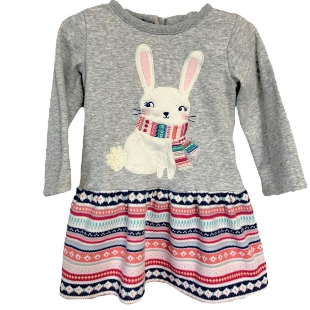 Gymboree Bunny Sweatshirt Dress Long Sleeve Textured 3D Appliqué Gray sz 2T